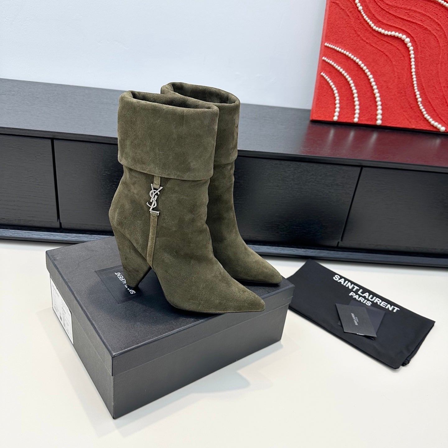 YSL 26S FOLD-OVER ANKLE BOOTS IN MOSS GREEN SUEDE