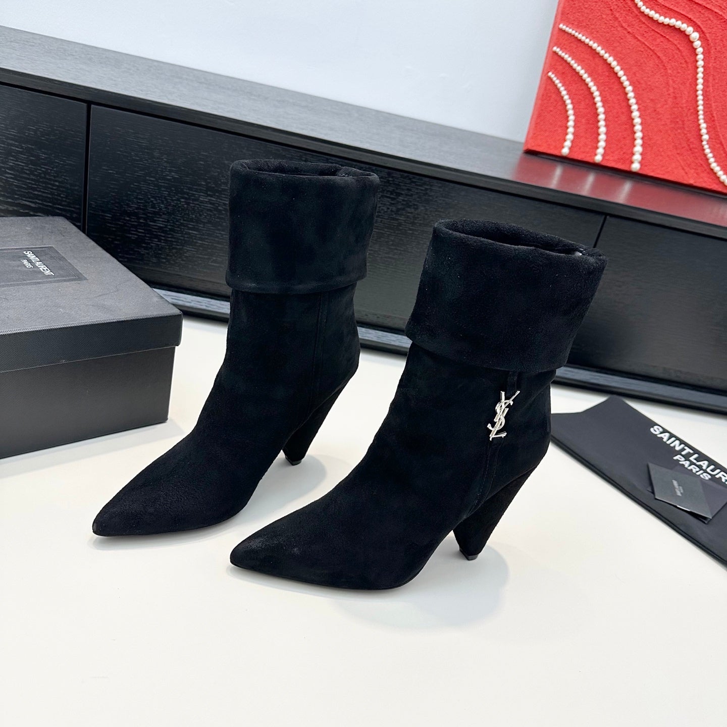 YSL 26S FOLD-OVER ANKLE BOOTS IN BLACK SUEDE