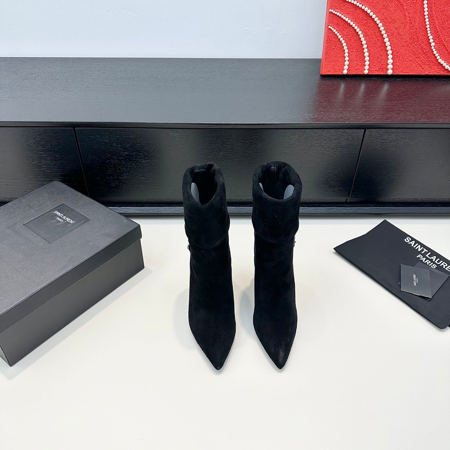 YSL 26S FOLD-OVER ANKLE BOOTS IN BLACK SUEDE