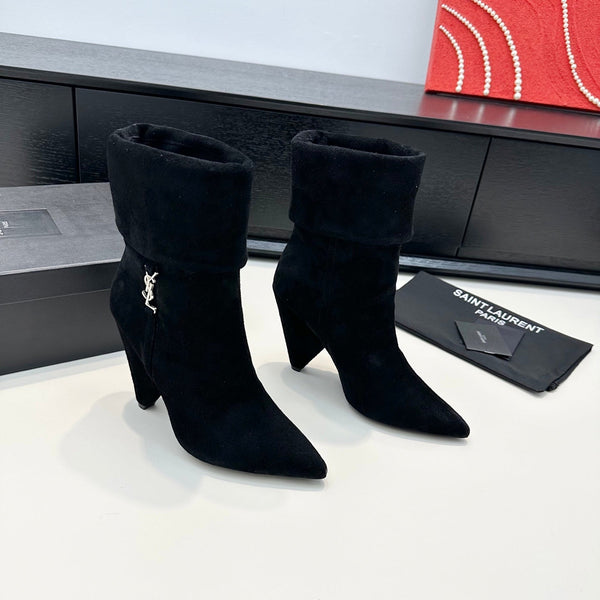 YSL 26S FOLD-OVER ANKLE BOOTS IN BLACK SUEDE