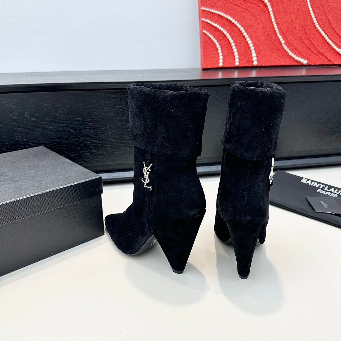 YSL 26S FOLD-OVER ANKLE BOOTS IN BLACK SUEDE