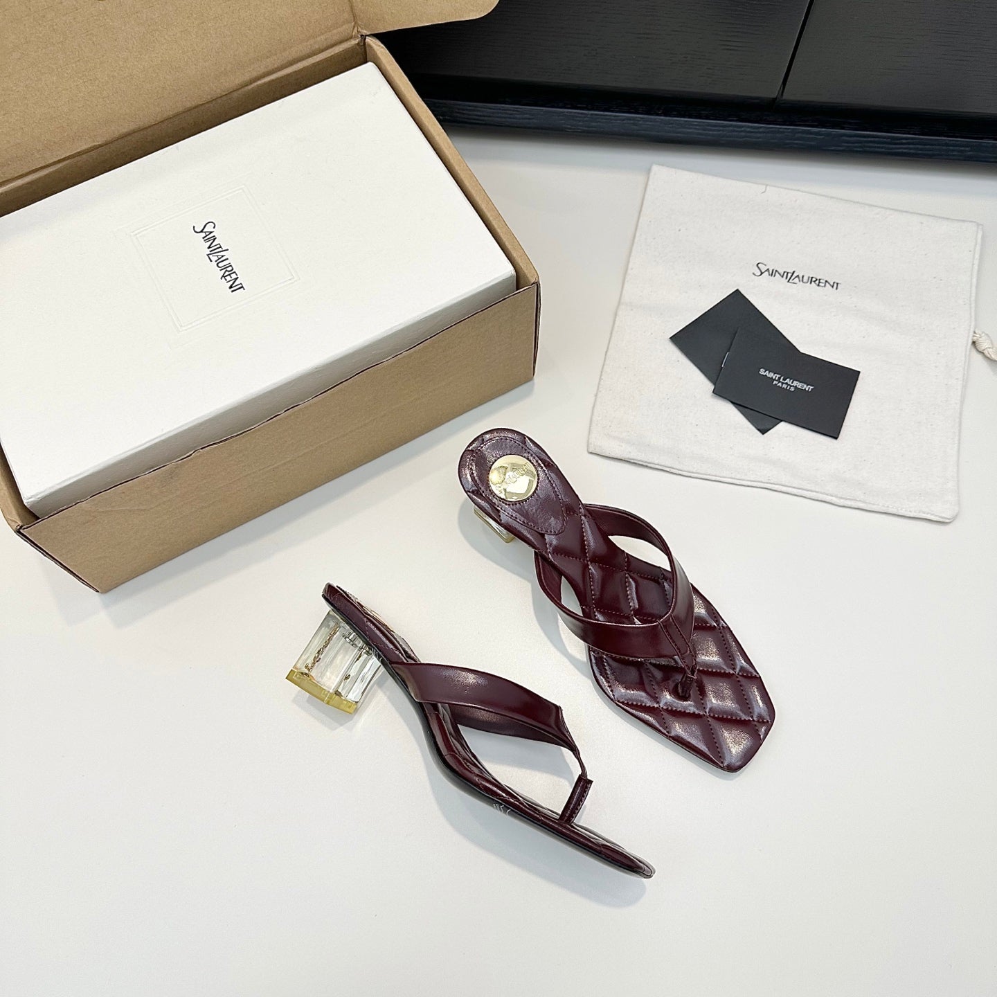 YSL 26S QUILTED THONG SANDALS 50 MM IN WINE RED LAMBSKIN