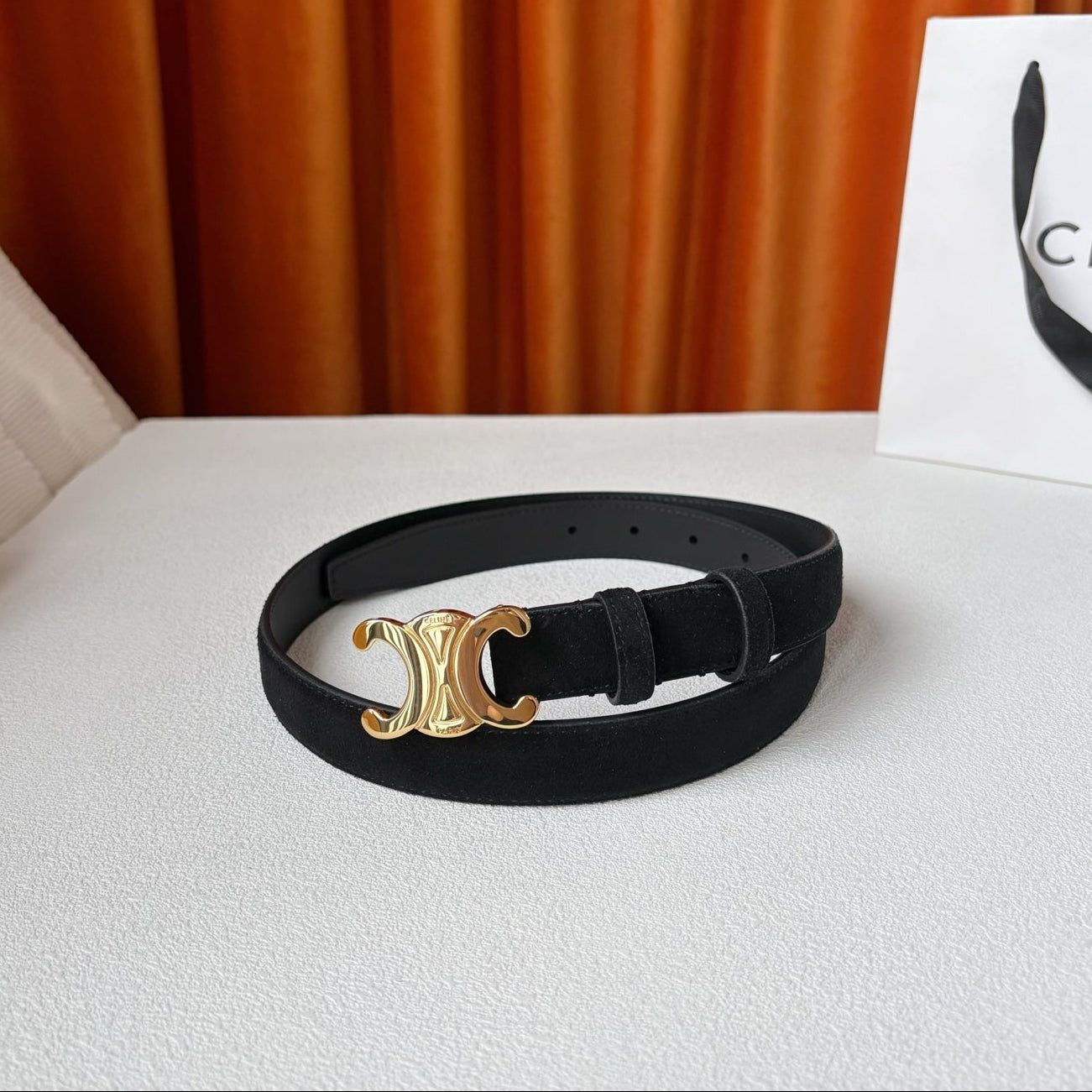 CELINE 26S BELT 25 MM IN BLACK SUEDE 666329