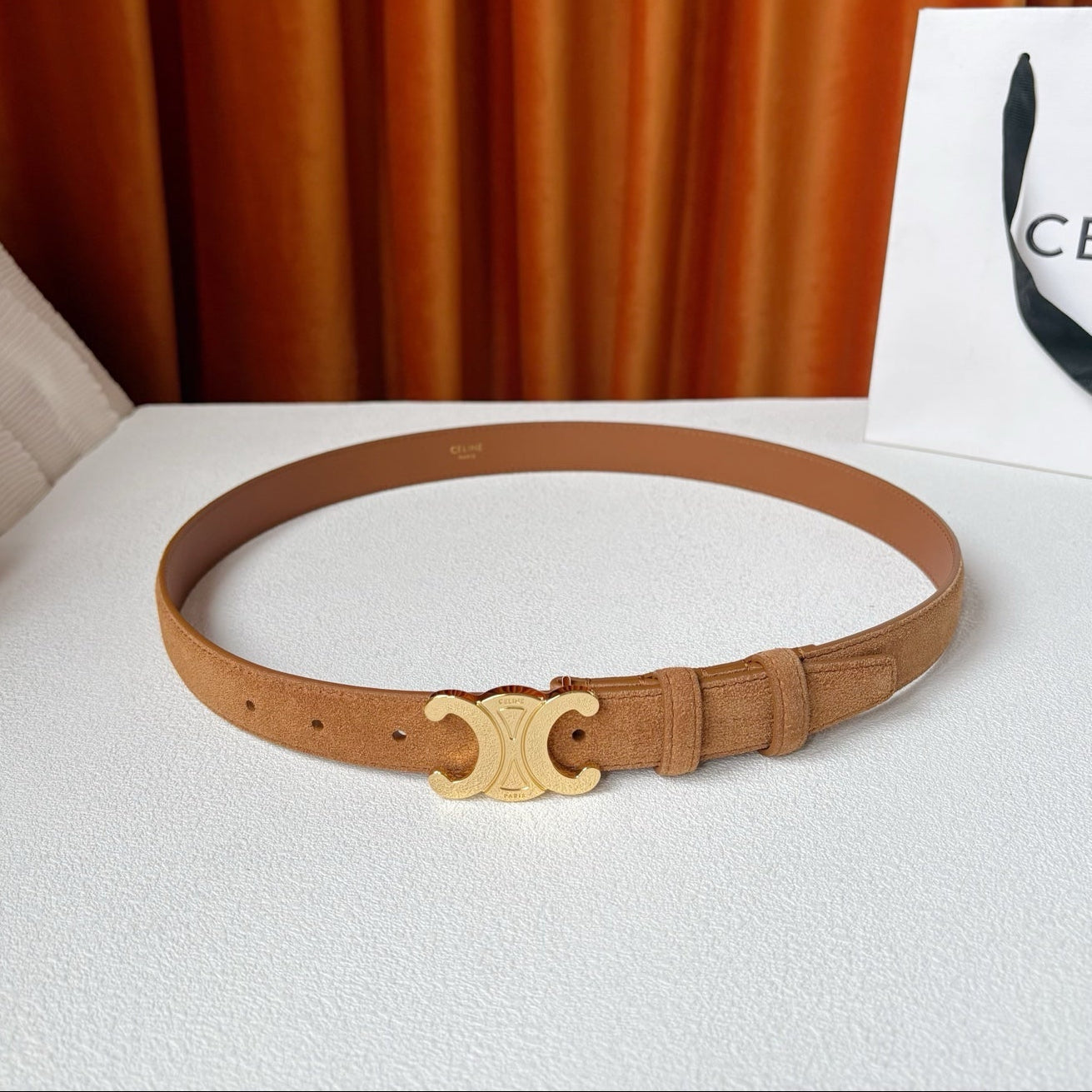 CELINE 26S BELT 25 MM IN CAMEL SUEDE 666330