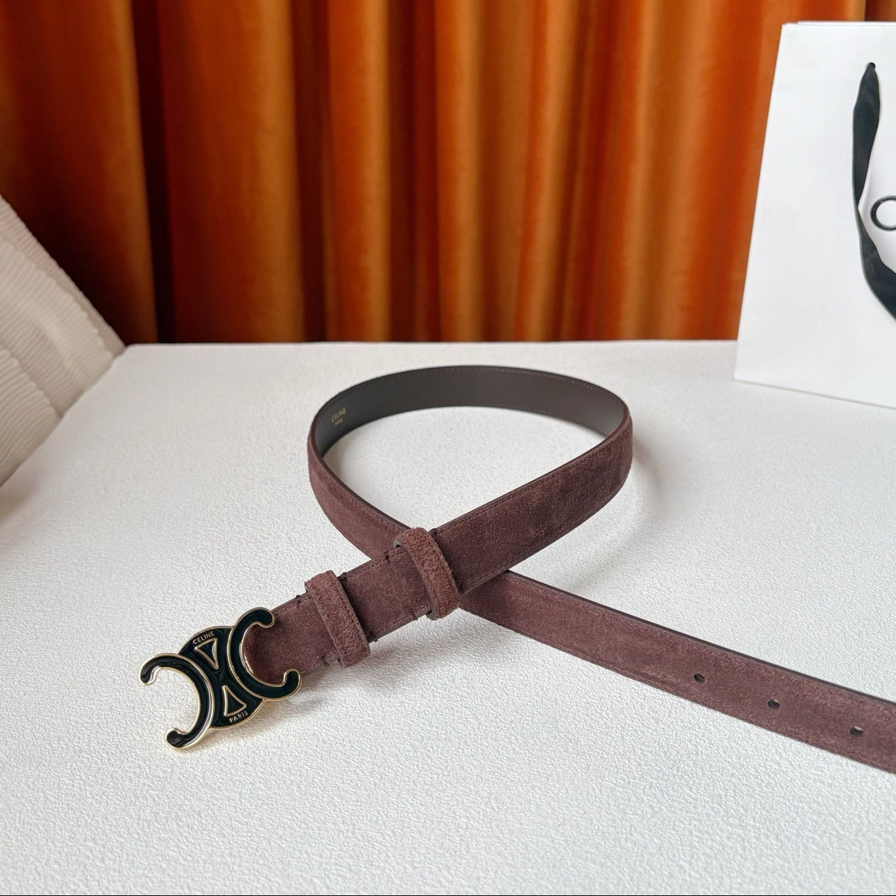 CELINE 26S BELT 25 MM IN CHOCOLATE SUEDE 666333