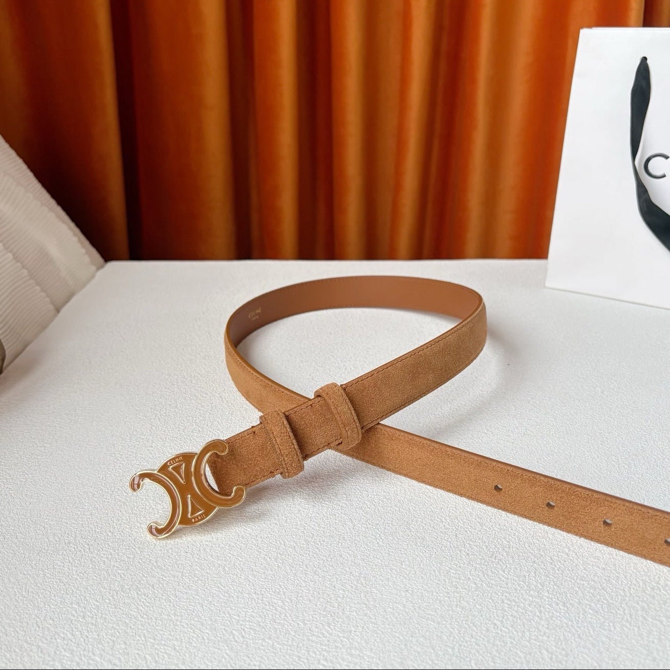 CELINE 26S BELT 25 MM IN CAMEL SUEDE 666334