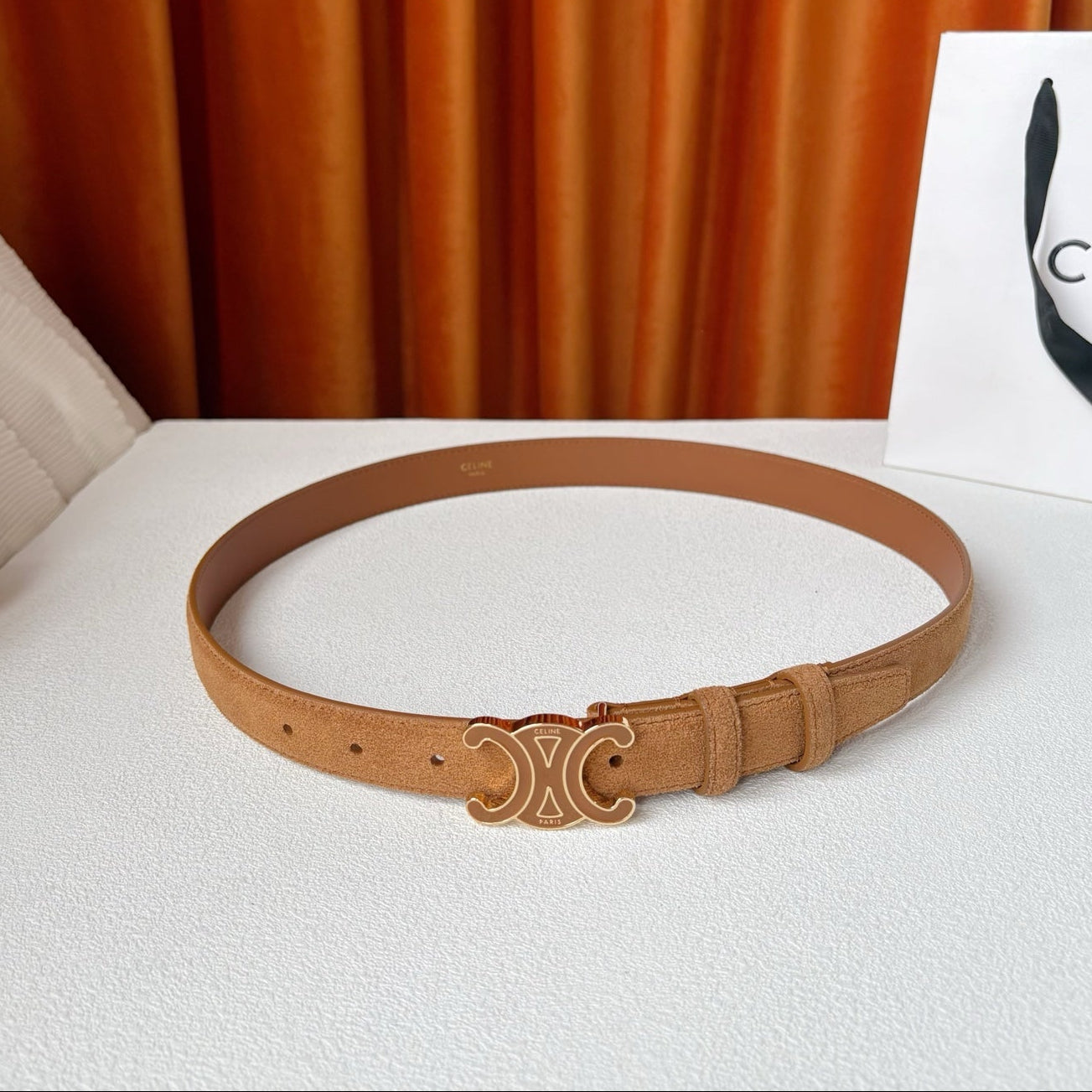CELINE 26S BELT 25 MM IN CAMEL SUEDE 666334