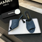 PEEP TOE MULE 85MM IN BLUE DENIM CHECKERED AND LOGO
