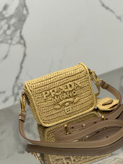 WOVEN SMALL FLAP BAG 16 IN BEIGE RAFFIA GOLD HARDWARE