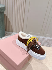 MIUMIU 25S SNEAKERS 50MM IN DARK BROWN SUEDE WITH SHEARLING
