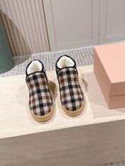 MIUMIU 25S SLIP-ON BOOTIES IN CAMEL BEIGE AND BLUE WOOL WITH SHEARLING