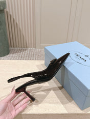 PRADA 26S POINTED-TOE SLINGBACK HEELS 75MM IN DARK BROWN PATENT CALFSKIN
