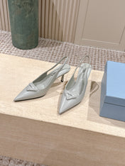 PRADA 26S POINTED-TOE SLINGBACK HEELS 75MM IN SOFT GRAY SHINY CALFSKIN