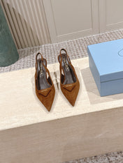 PRADA 26S POINTED-TOE SLINGBACK HEELS 75MM IN CARAMEL BROWN SUEDE WITH LOGO