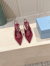 PRADA 26S POINTED-TOE SLINGBACK HEELS 75MM IN DARK RED SUEDE WITH LOGO