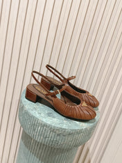 PRADA 26S SLINGBACK SANDALS 40MM IN CARAMEL BROWN CALFSKIN WITH LOGO