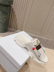 DIOR 26S DOUBLE STRAP SLIDE SANDALS IN WHITE LACE MONOGRAM CANVAS