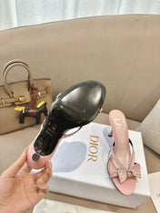 DIOR 26S KITTEN HEEL SANDALS 85MM IN PINK CALFSKIN BOW STUDDED