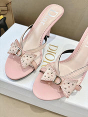 DIOR 26S KITTEN HEEL SANDALS 85MM IN PINK CALFSKIN BOW STUDDED