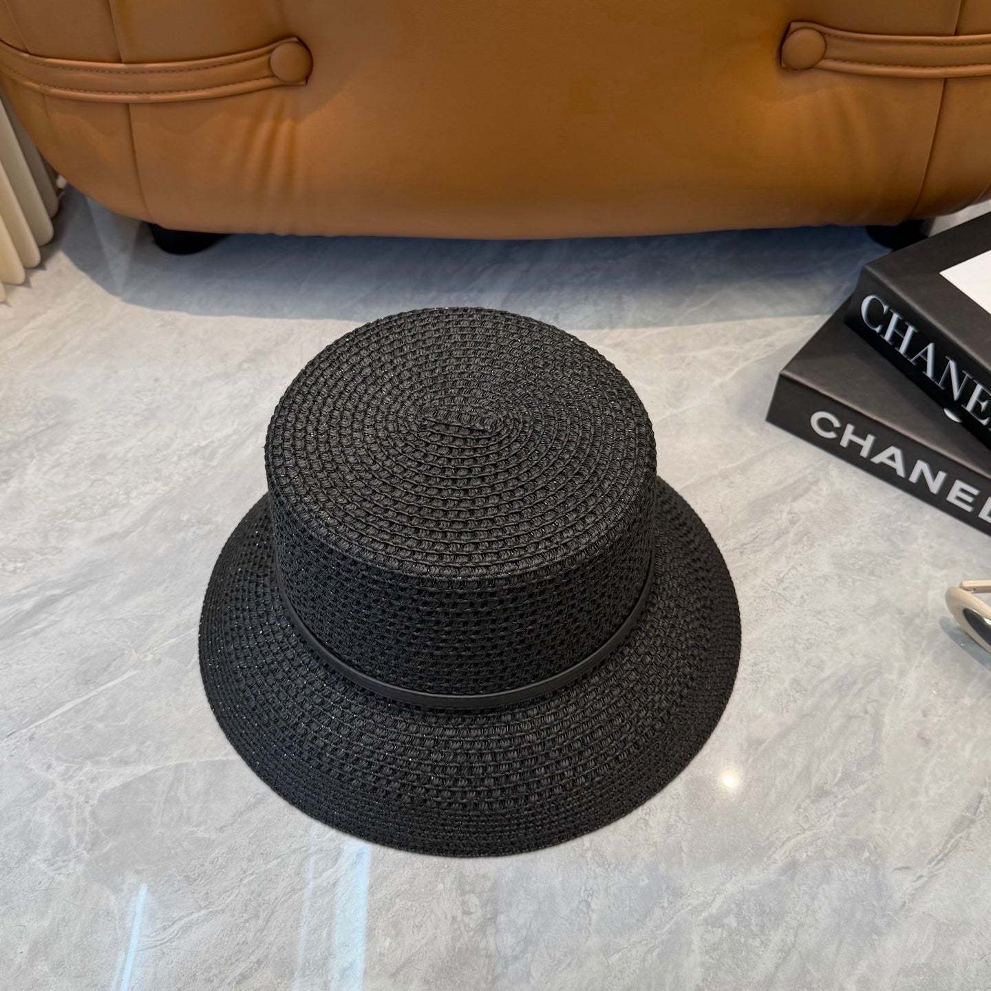 CHANEL 26S FLAT-BRIM STRAW HAT WITH RAISED CC LOGO 338106