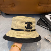CHANEL 26S FLAT-BRIM STRAW HAT WITH RAISED CC LOGO 338107