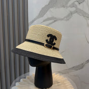 CHANEL 26S FLAT-BRIM STRAW HAT WITH RAISED CC LOGO 338107