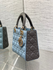 MEDIUM LADY BAG 20 IN BABY BLUE QUILTED MACROCANNAGE CALFSKIN GREY STRAP