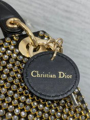 DIOR 25S MINI LADY D-LITE BAG 12 IN BLACK CANVAS AND CALFSKIN CRYSTAL-STUDDED
