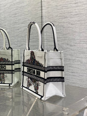 DIOR 25S LUCKY SMALL DIOR BOOK TOTE 26 IN WHITE MULTICOLOR DIOR STAR EMBROIDERY