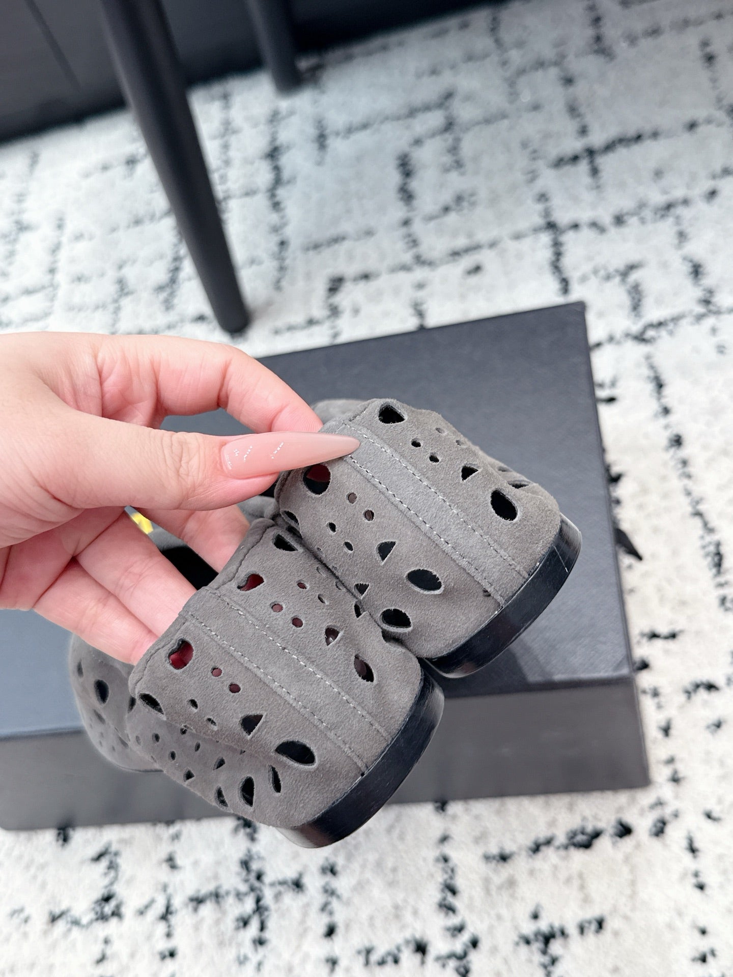 ALAIA 26S FLAT SLIP-ONS IN GREY SUEDE WITH OPENWORK PATTERN