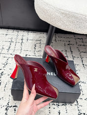 CHANEL 26S SQUARE-TOE HEELED MULES 95 MM IN MERLOT RED PATENT LAMBSKIN