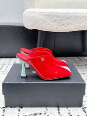 CHANEL 26S SQUARE-TOE HEELED MULES 95 MM IN CREAM MIX RED PATENT LAMBSKIN