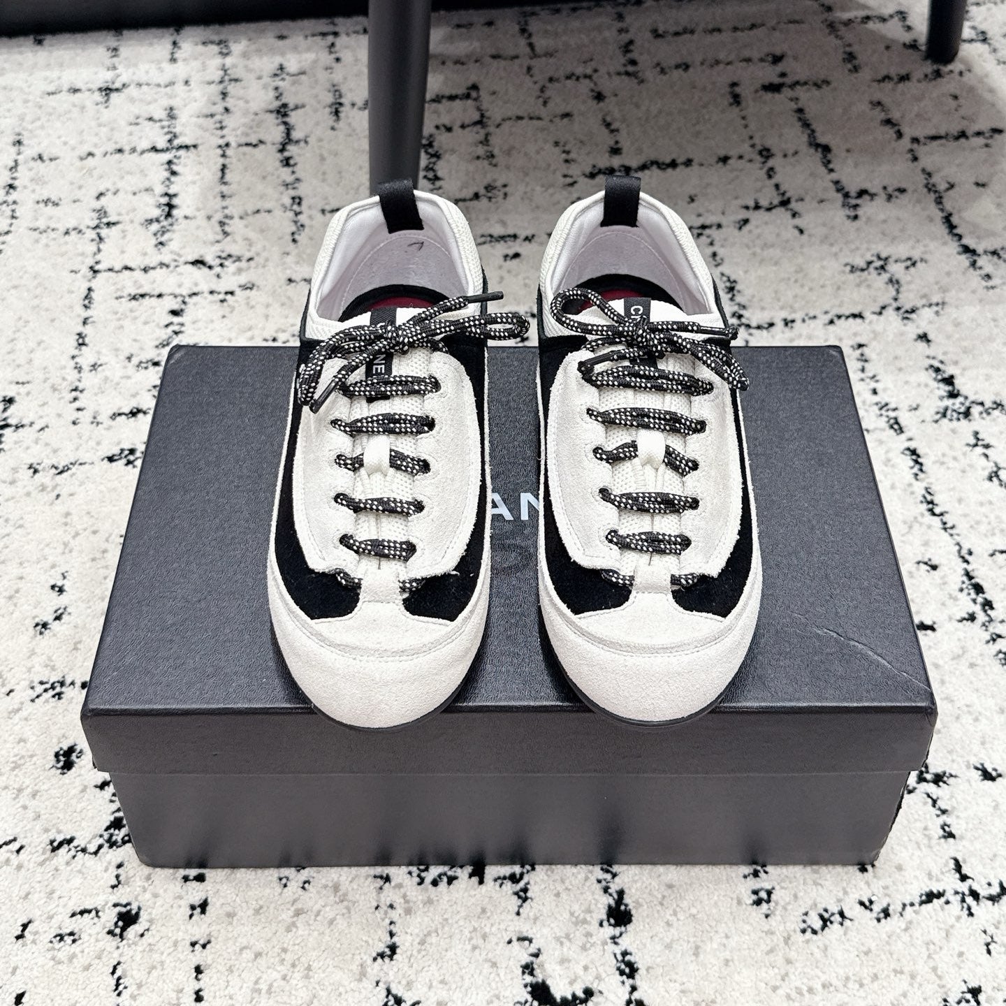 CHANEL 26S LACE-UP SNEAKERS IN WHITE AND BLACK SUEDE STYLE 2