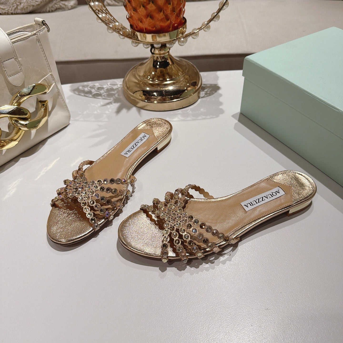 AQUAZZURA 26S SLIDES IN LIGHT GOLD LAMBSKIN CRYSTAL EMBELLISHED