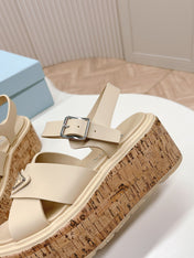 PRA WEDGE PLATFORM SANDALS BEIGE CALFSKIN