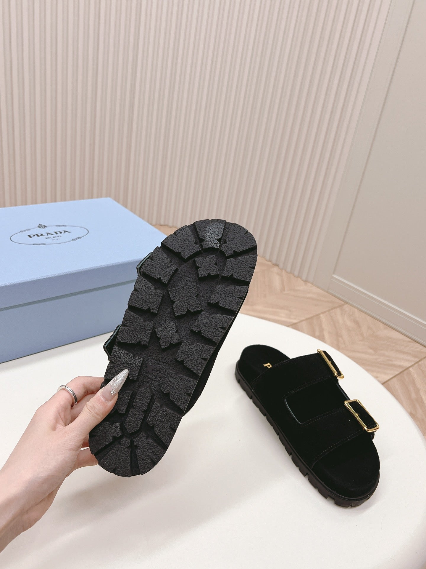 Double Buckle Strap Slides 20 Black Suede