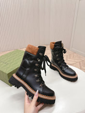 MARTIN LACE-UP ANKLE BOOTS IN BLACK EMBOSSED CALFSKIN MIX BROWN SUEDE
