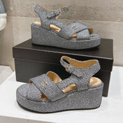 Wedge Open-Toe High Heel Sandals Slate Gray Sheepskin