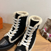 HM 26S SHEARLING LACE-UP BOOTS IN BLACK CALFSKIN AND SUEDE