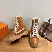 HM 26S SHEARLING LACE-UP BOOTS IN BROWN CALFSKIN AND SUEDE