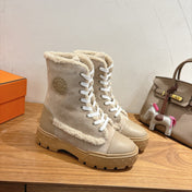 HM 26S SHEARLING LACE-UP BOOTS IN BEIGE CALFSKIN AND SUEDE