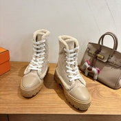 HM 26S SHEARLING LACE-UP BOOTS IN BEIGE CALFSKIN AND SUEDE