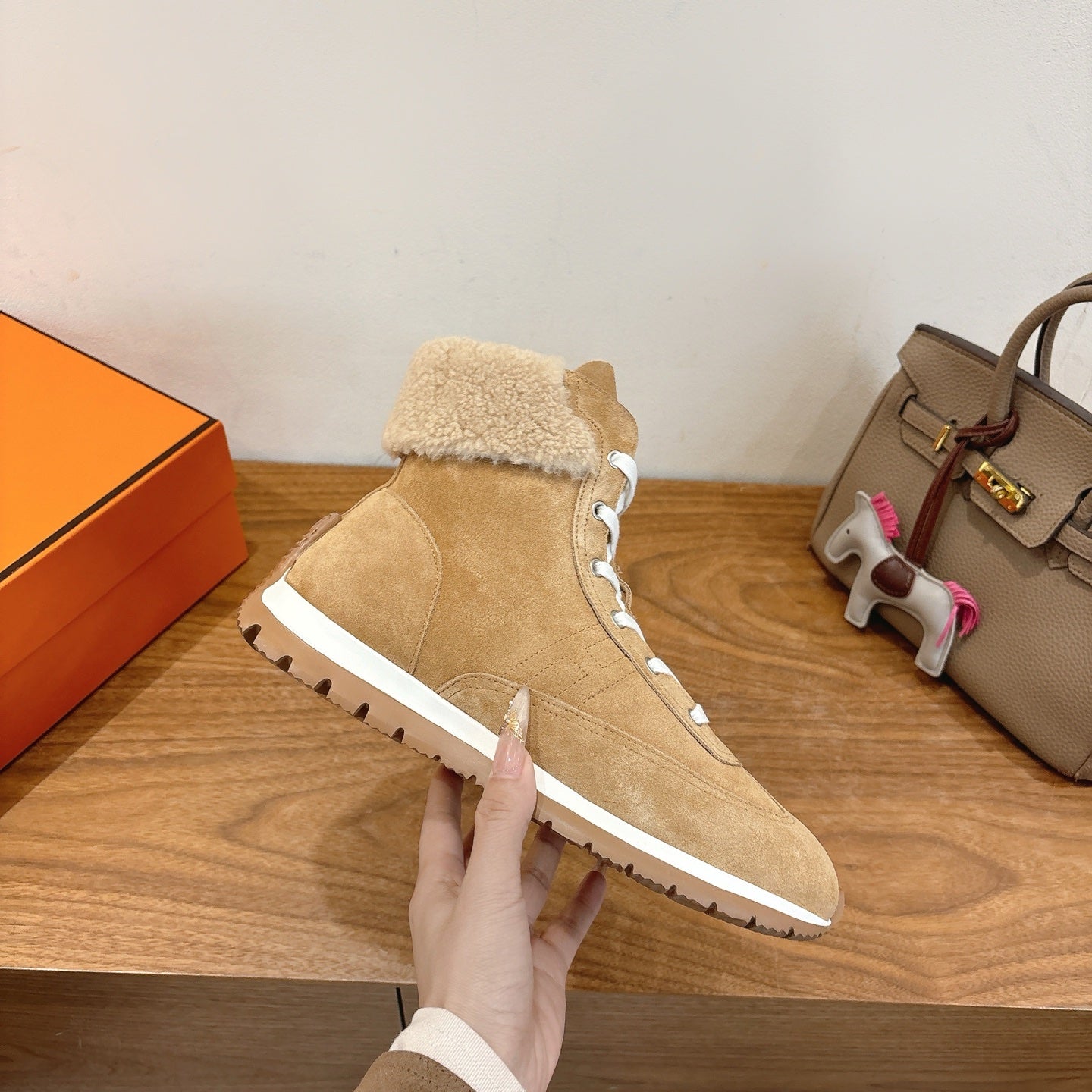 HM 26S FUR-LINED HIGH TOP SNEAKERS IN WARM BEIGE SUEDE