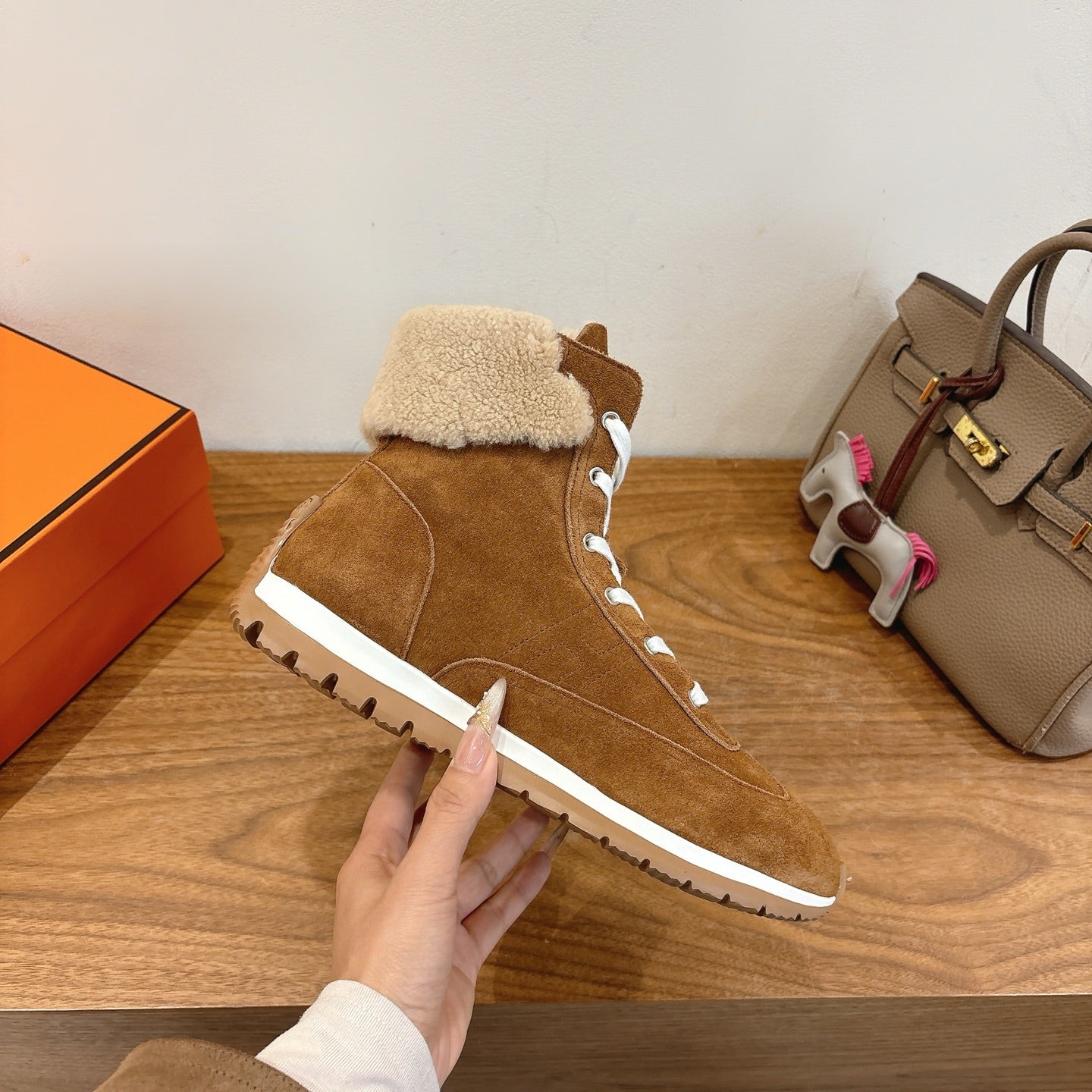 HM 26S FUR-LINED HIGH TOP SNEAKERS IN BROWN SUEDE