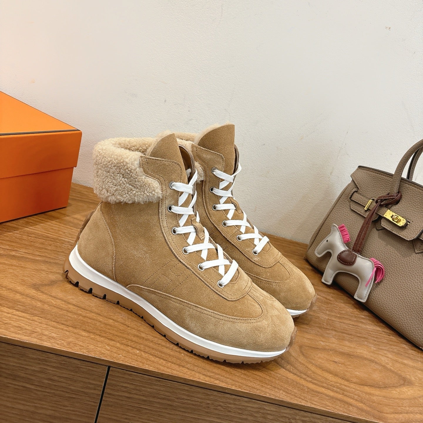 HM 26S FUR-LINED HIGH TOP SNEAKERS IN WARM BEIGE SUEDE