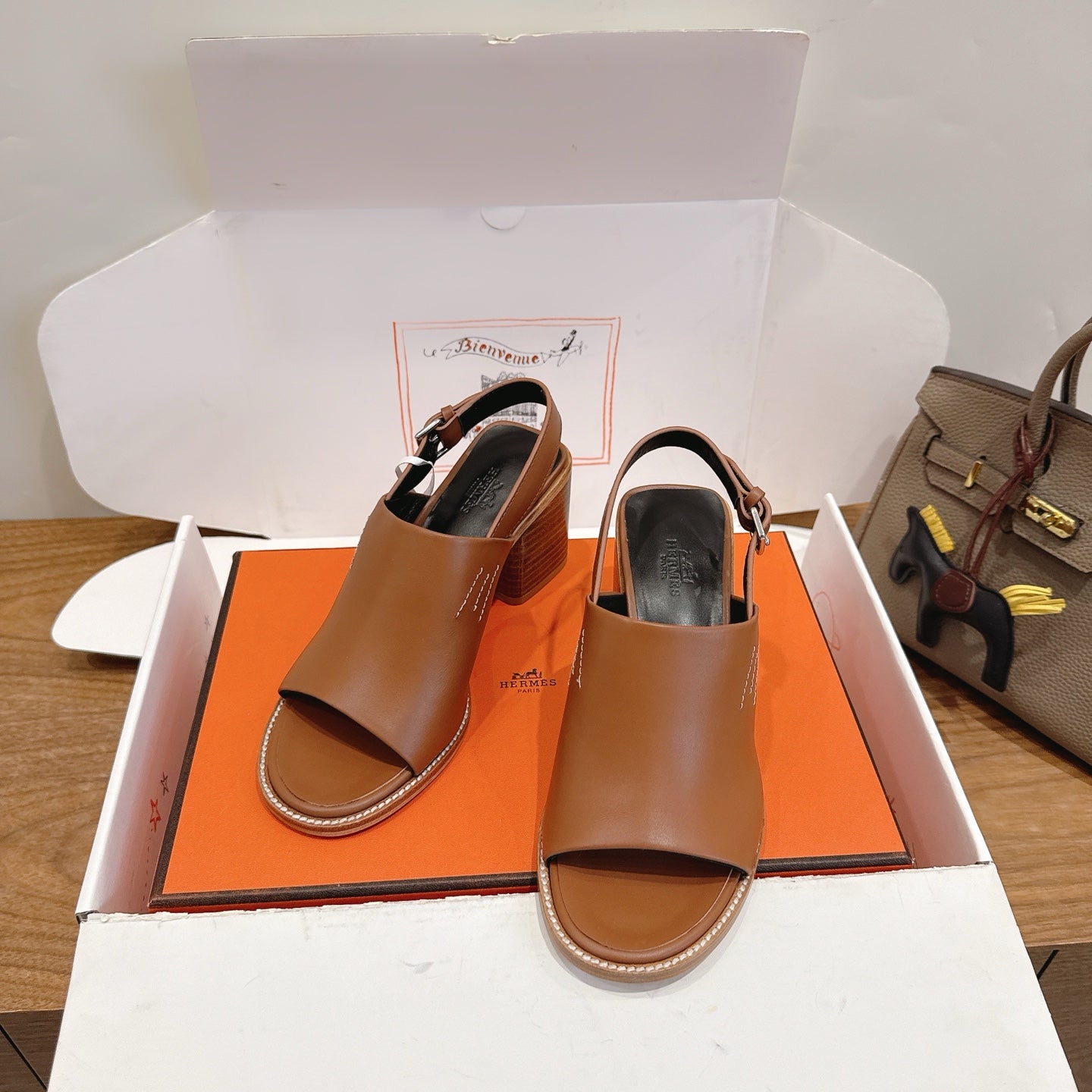 HM 26S ELDA 60 SANDAL IN CARAMEL BROWN CALFSKIN SILVER HARDWARE
