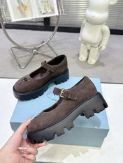 PRADA 25S PLATFORM MARY JANE SHOES IN DARK BROWN SUEDE STYLE 3