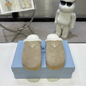 PRADA 25S FUR-LINED SABOT MULES IN BEIGE SUEDE