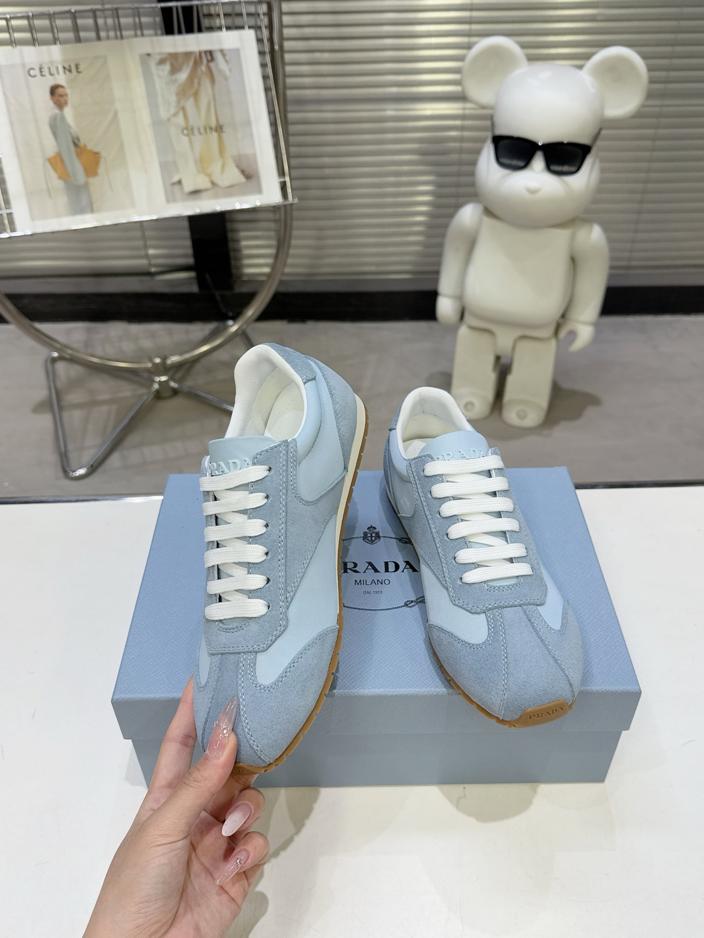PRADA 26S LACE UP SNEAKERS IN LIGHT BLUE NYLON AND SUEDE