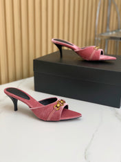 SL CHAIN ATTACH HEELED MULES BLUSH PINK VELVET